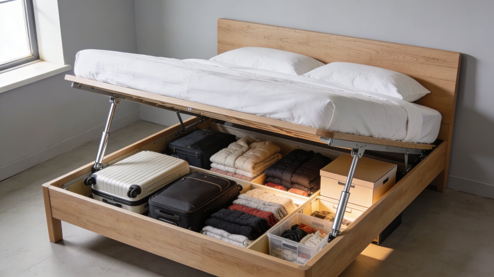 A high-angle photograph of a modern hydraulic lift bed with the mattress platform raised at a 70-degree angle, revealing the spacious storage compartment underneath filled with neatly organized suitcases, folded winter clothes, and storage boxes. The bed frame is made of light oak wood with visible silver gas piston mechanisms on both sides holding the mattress platform up. The bedroom setting features soft natural lighting from a side window, white bedding on the lifted mattress, and a contemporary minimalist bedroom with pale gray walls. The storage area underneath is well-lit showing the impressive depth and capacity of the compartment, approximately 2 feet deep, with various items clearly visible to demonstrate the storage potential.