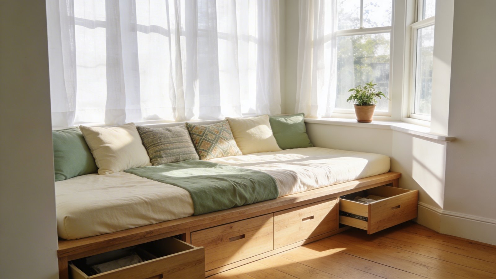 A cozy built-in window seat bed nestled in a sunlit bay window alcove, featuring a custom-fitted mattress with soft cream and sage green linens, decorative throw pillows arranged along the back, natural wood platform base with pull-out storage drawers visible underneath, sheer white curtains filtering warm morning light, a small potted plant on the windowsill, hardwood flooring, photographed from a three-quarter angle showing both the depth of the alcove and the inviting sleeping surface, realistic interior photography, bright and airy atmosphere, Scandinavian-inspired design aesthetic