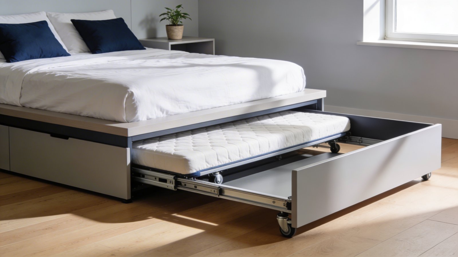 A modern bedroom photographed from a low three-quarter angle showing a sleek platform bed with a partially extended trundle bed underneath, revealing the rolling mechanism and a second mattress sliding out on smooth gliders, both beds made with crisp white linens and navy blue accent pillows, warm natural light streaming through a nearby window, light oak flooring, minimalist Scandinavian-style bedroom with pale gray walls, a small potted plant on a floating nightstand, the lower trundle bed pulled out about halfway to clearly demonstrate the space-saving mechanism, professional interior photography with soft shadows and depth of field