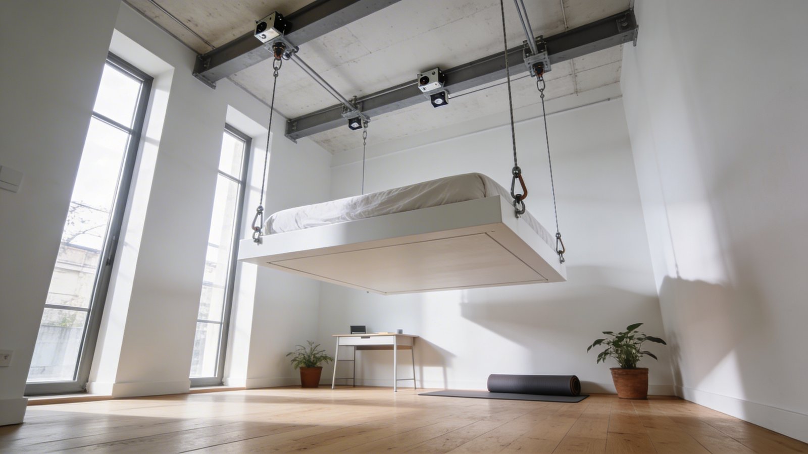 A modern micro-apartment interior photographed from a low angle showing a sleek white platform bed suspended from industrial ceiling cables and pulleys in mid-descent, approximately 5 feet above a minimalist living space with a small desk, yoga mat, and potted plants on the floor below, dramatic natural lighting streaming through tall windows, exposed ceiling beams with visible mounting hardware, contemporary Scandinavian design aesthetic with light wood floors and white walls, ultra-realistic architectural photography style