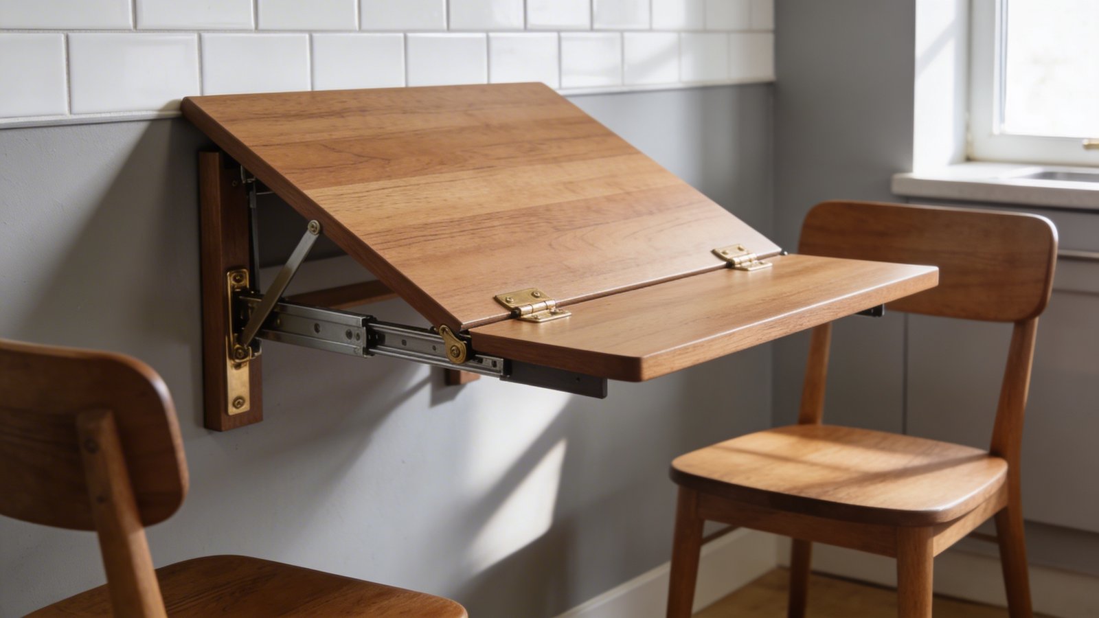 A realistic photograph of a modern wall-mounted drop-leaf dining table in warm oak wood, shown half-folded at a 45-degree angle against a light gray kitchen wall, captured from a side perspective to showcase the folding mechanism with metal hinges, two matching wooden chairs positioned nearby, soft natural lighting from a nearby window casting gentle shadows, minimalist Scandinavian interior style with white subway tiles visible in the background, shallow depth of field focusing on the table's elegant brass hardware and smooth wood grain texture