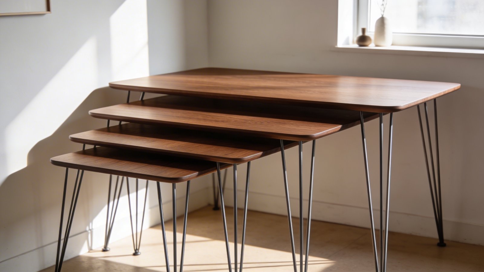 A modern living room scene showcasing three sleek nesting dining tables of graduating sizes stacked together in a sunlit corner, with the smallest table pulled out slightly to demonstrate the nested design, featuring contemporary walnut wood finish with hairpin metal legs, soft natural lighting streaming through a nearby window, photographed from a 45-degree elevated angle, minimalist Scandinavian-style decor visible in the background, shallow depth of field highlighting the layered table design