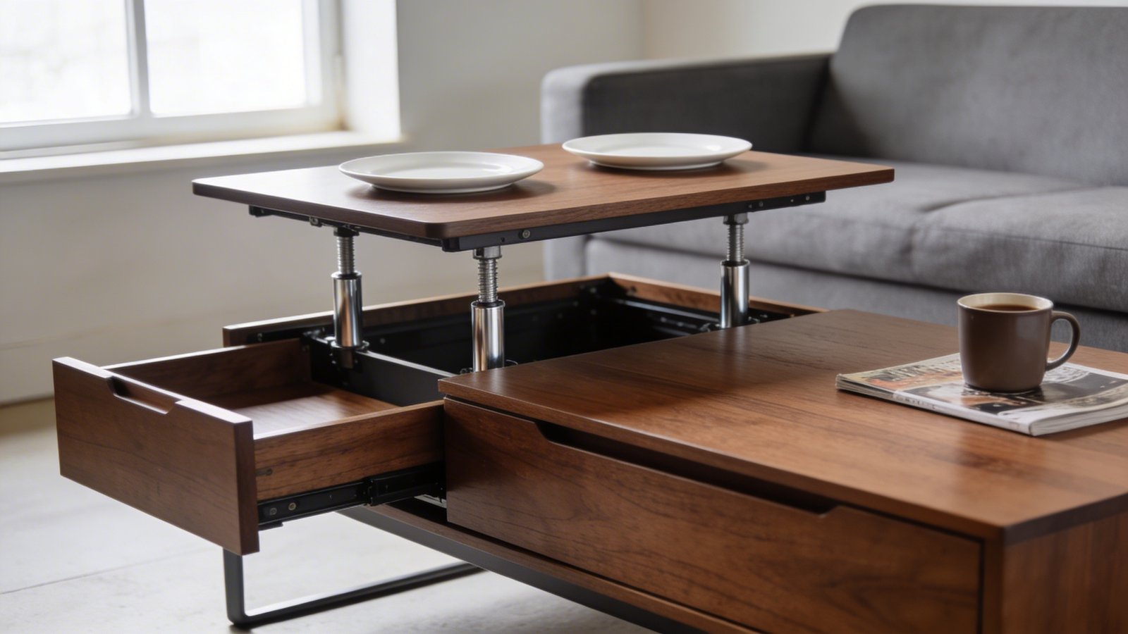 A modern living room photograph showing a sleek convertible coffee table in mid-transformation, with one half elevated to dining height using visible chrome gas pistons while the other half remains at coffee table level, the expandable tabletop partially extended outward, rich walnut wood finish, two place settings with white plates on the raised portion, a coffee mug and magazine on the lower portion, contemporary gray sofa in background, soft natural lighting from a nearby window, shot from a 45-degree side angle, photorealistic style