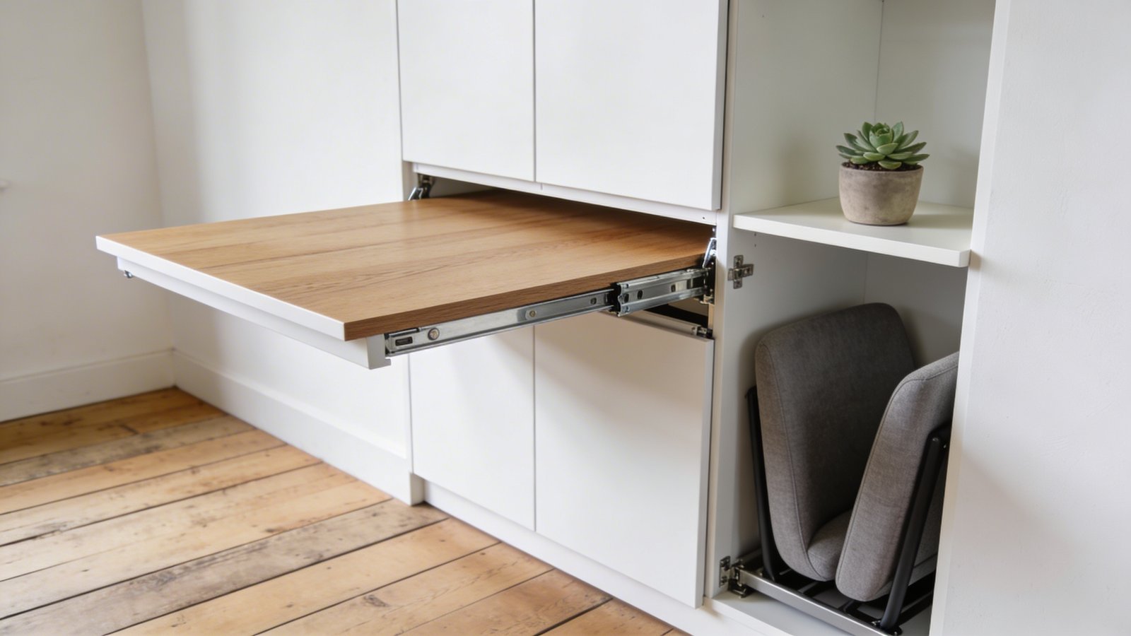 A modern Murphy dining table in a bright Scandinavian-style apartment, captured from a 45-degree angle showing the table partially folded up into a sleek white wall-mounted cabinet unit, with the lower half of the wooden table surface visible mid-transformation, chrome hinges and mounting hardware visible, two contemporary gray upholstered chairs stored in an adjacent compartment of the cabinet, warm natural light streaming through a nearby window illuminating the light oak wood grain of the table top, minimalist white walls, reclaimed wide-plank flooring, and a small potted succulent on a floating shelf beside the unit, photographed in a realistic lifestyle interior design style with shallow depth of field