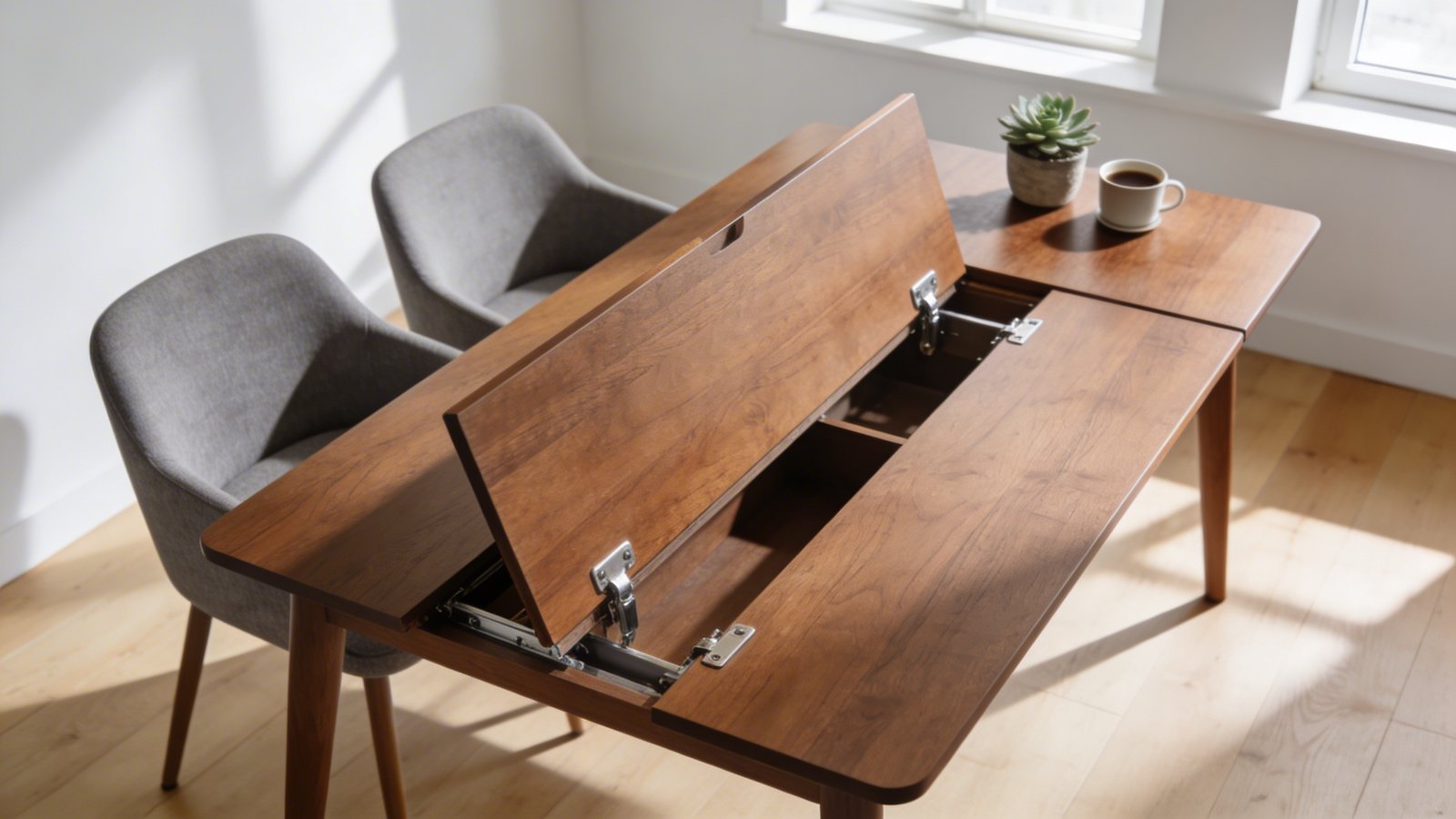 A modern expandable dining table with butterfly leaf mechanism shown mid-transformation, captured from a 45-degree aerial angle in a bright Scandinavian-style apartment, featuring warm walnut wood finish with the hidden leaf panel partially unfolded and rising from beneath the tabletop, chrome hinges visible, two upholstered gray chairs on one side, natural afternoon sunlight streaming through nearby windows creating soft shadows on the light oak flooring, minimalist white walls in background, small potted succulent and coffee cup on the compact end showing the space-saving design, professional interior photography style with sharp focus and natural depth of field