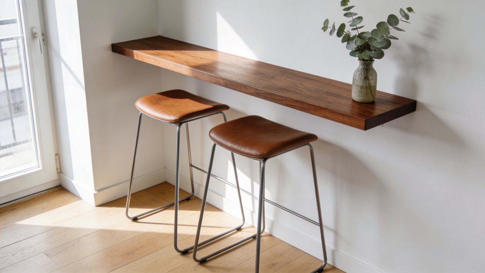 A modern narrow bar-height table in warm walnut wood pushed flush against a white wall in a compact apartment setting, featuring sleek backless metal stools with cognac leather seats tucked completely underneath, shot from a 45-degree angle showing the space-saving design, with morning sunlight streaming through a nearby window, a simple vase with fresh eucalyptus on the table surface, light hardwood flooring, and minimalist decor creating an airy café-style atmosphere in a small urban living space