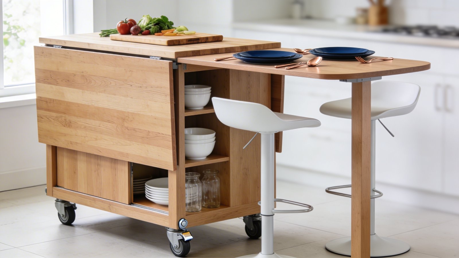 A modern rolling kitchen island table in a contemporary small apartment, featuring a light oak wood construction with an extended drop-leaf on one side creating a dining surface, positioned at a three-quarter angle view. The island has visible locking caster wheels on the bottom, open shelving displaying white dishes and glass containers, and a butcher block top with fresh vegetables and a cutting board suggesting meal prep functionality. Two modern white bar stools are tucked under the extended leaf which is set with simple place settings including navy blue plates and copper utensils. Bright natural light from a nearby window illuminates the scene, with a clean white kitchen visible softly blurred in the background. The image captures the mobility and versatility of the piece in a realistic lifestyle setting, photographed in high-resolution detail with professional interior photography lighting.