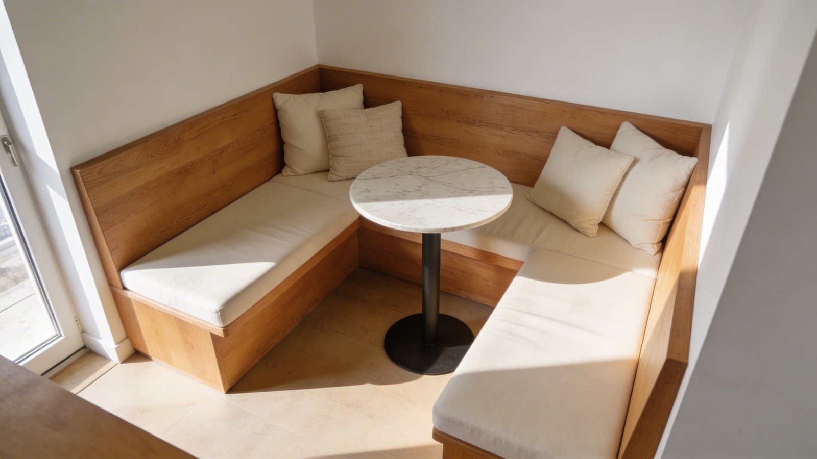 A cozy corner breakfast nook in a small modern apartment featuring a built-in L-shaped wooden bench with cream-colored cushions and throw pillows, paired with a small round marble-top table, natural morning light streaming through a nearby window, warm honey-toned wood finishes, the bench positioned snugly against white walls in the corner, open floor space visible in the foreground, minimalist Scandinavian style decor, shot from a slightly elevated three-quarter angle, professional interior photography, shallow depth of field