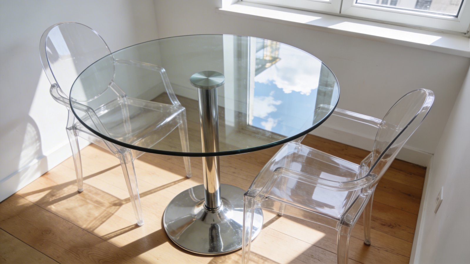 A modern round glass-top dining table with a sleek chrome single pedestal base in a bright, compact apartment dining area, sunlight streaming through nearby windows reflecting off the transparent glass surface, surrounded by two clear acrylic chairs, white walls in background, wooden floor visible beneath the table creating an airy open feeling, shot from a 45-degree angle at table height, contemporary minimalist interior design, natural daylight photography, professional real estate style image