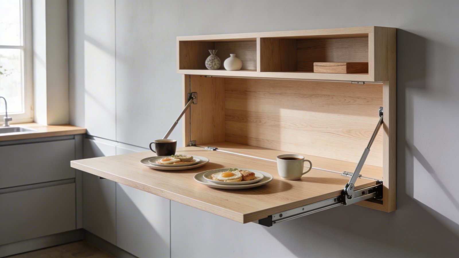 A modern fold-down wall-mounted desk table in white oak finish, shown in the open position against a light gray wall in a contemporary minimalist kitchen, displaying a simple breakfast setup for two with ceramic plates and coffee cups on the flat surface, with integrated small shelving compartments visible above holding minimalist décor items, captured from a 45-degree side angle showing both the functional dining surface and the sleek wall-mounted hinges, natural morning light streaming from a nearby window, Scandinavian-inspired interior design with clean lines and warm wood tones