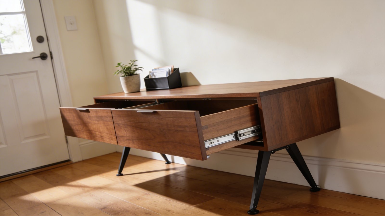 A bright Scandinavian-style living room photographed from a 45-degree angle showing a sleek walnut extendable console table in mid-transformation, with one extension leaf partially pulled out revealing the smooth metal mechanism underneath, positioned against a cream-colored wall near an entryway, modern minimalist decor with a small potted plant and mail tray on the narrow end, warm natural lighting from a nearby window casting soft shadows, the extended portion showing the sturdy support legs deploying, contemporary residential interior with hardwood flooring, realistic architectural photography style