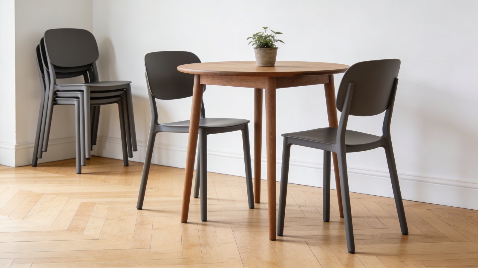 A modern dining room scene featuring a compact round wooden table with four sleek stackable chairs in muted charcoal gray, two chairs at the table and two stacked artfully in the corner as decorative sculpture, warm natural lighting from a nearby window, minimalist Scandinavian interior with white walls, light hardwood flooring, and a small potted plant on the table, shot from a three-quarter angle at eye level, shallow depth of field, contemporary lifestyle photography