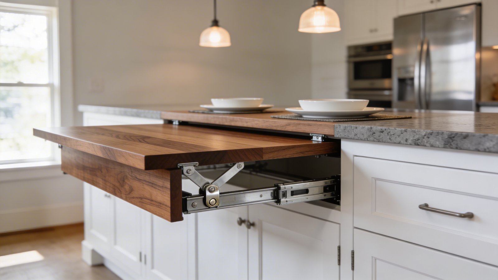 A modern kitchen interior showcasing a sleek wooden swing-out table extension pivoting outward from a white shaker-style kitchen island, captured from a three-quarter angle view, with visible chrome support brackets and heavy-duty hinges in locked position, the extended table surface holding two place settings with contemporary white dinnerware, warm natural lighting from a nearby window illuminating the rich walnut grain of the table surface, gray quartz countertops, pendant lights hanging above, bright and airy contemporary kitchen design with stainless steel appliances visible in the soft-focus background, professional architectural photography style, high-resolution detail showing the mechanical pivot mechanism