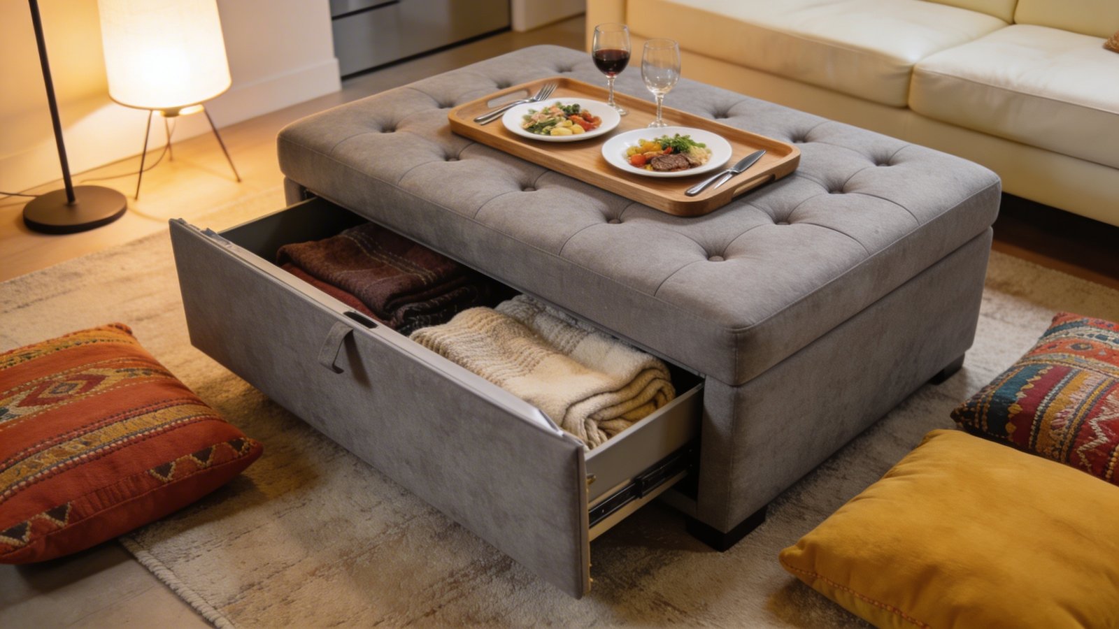 A realistic photograph of a large tufted gray upholstered ottoman serving as a coffee table in a cozy living room, topped with a wooden serving tray holding two white plates with casual meals, wine glasses, and cutlery, surrounded by colorful bohemian floor cushions in terracotta and mustard tones, shot from a 45-degree angle showing the ottoman's storage functionality with the lid slightly ajar revealing folded blankets inside, warm ambient lighting from a nearby floor lamp creating an inviting casual dining atmosphere, modern apartment setting with a cream-colored sofa partially visible in the background