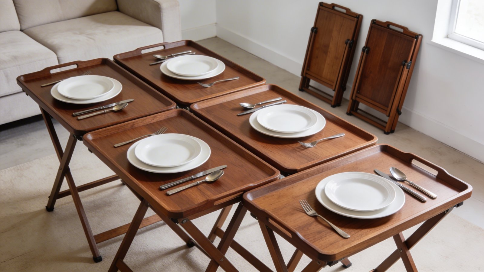 A bright, modern living room photograph showing an elegant set of four folding tray tables made from rich walnut wood arranged together to form a cohesive dining surface, set with white ceramic plates and contemporary cutlery, shot from a 45-degree overhead angle with soft natural window light, while two additional matching tray tables lean neatly folded against a white wall in the background, emphasizing the space-saving versatility of the setup with a cozy sectional sofa partially visible to one side.