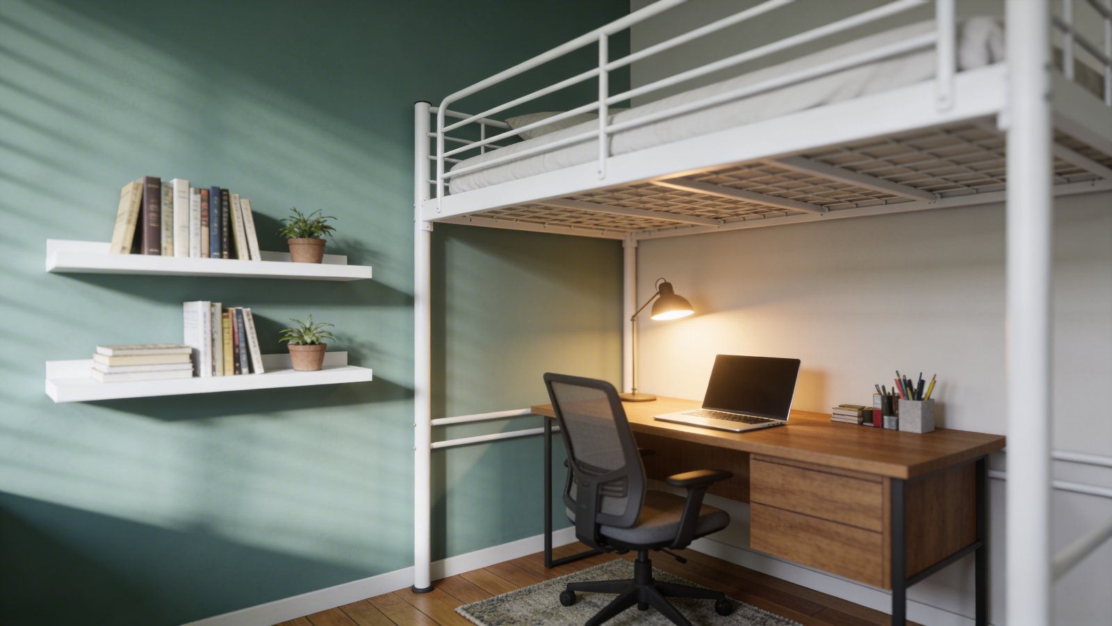 A modern loft bed setup photographed from a three-quarter angle showing a white metal loft bed frame elevated above a functional study nook, with a wooden desk positioned perpendicular beneath it featuring a sleek laptop, desk lamp with warm light, and organized stationery, white floating shelves mounted on the sage green side wall displaying books and small potted plants, a comfortable ergonomic office chair tucked under the desk, natural daylight streaming in from a nearby window creating soft shadows, cozy minimalist bedroom atmosphere with hardwood flooring and a small area rug under the desk, professional interior photography style with depth of field