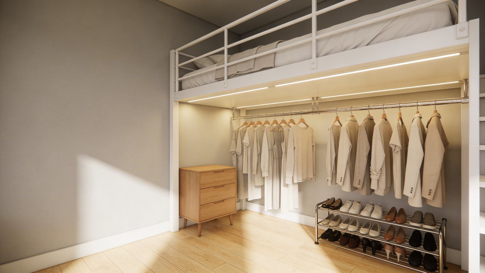 A modern elevated loft bed in white metal frame with a fully organized walk-in closet underneath, featuring a chrome clothing rod system with hanging clothes in neutral tones, a small wooden dresser against one side, neat rows of shoes on a sleek rack, soft ambient lighting illuminating the closet space, captured from a side angle showing both the bed above and the boutique-style closet organization below, warm natural light filtering through a nearby window, minimalist bedroom setting with pale wooden floors and light gray walls