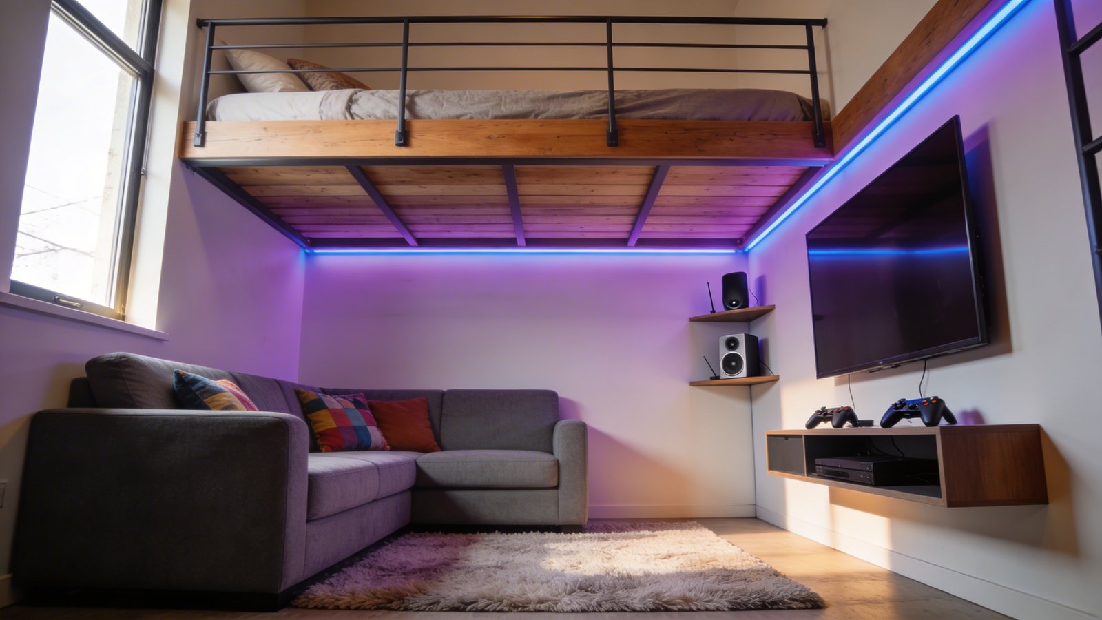 A modern studio apartment interior showing a raised loft bed with a cozy entertainment zone underneath, featuring a compact grey sectional sofa with colorful throw pillows, a wall-mounted flat screen TV, floating media console with gaming controllers, warm purple and blue LED strip lighting illuminating the underside of the loft bed frame, wireless speakers on corner shelves, and a plush area rug, photographed from a low three-quarter angle emphasizing the dual-purpose space utilization, natural daylight streaming from a side window, contemporary minimalist design with wood and metal loft bed frame
