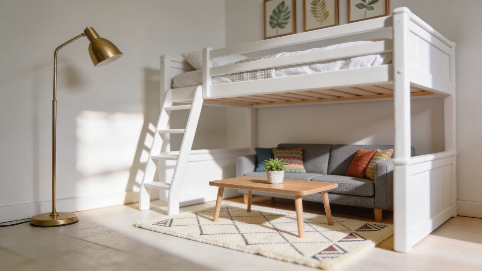 A bright Scandinavian-style bedroom photographed from a low three-quarter angle showing a white loft bed with a cozy miniature living room underneath, featuring a compact gray loveseat with colorful throw pillows, a sleek wooden coffee table with a small potted plant, a cream-colored area rug with geometric patterns, a modern brass floor lamp in the corner, and framed botanical prints on the wall, natural daylight streaming through a nearby window creating soft shadows, professional interior photography with shallow depth of field
