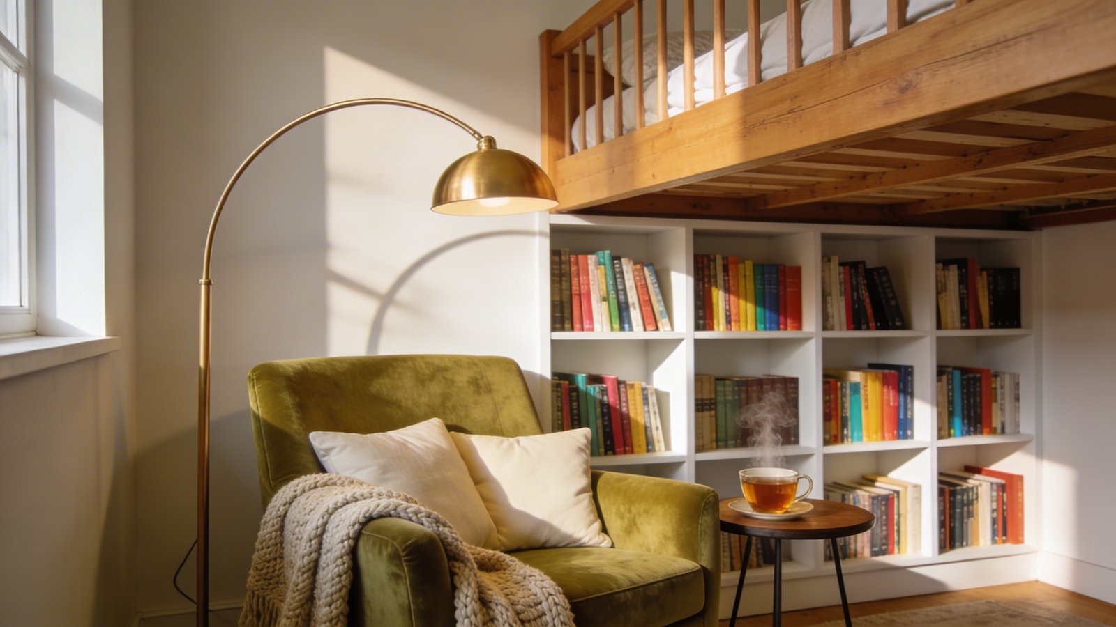 A cozy reading nook beneath a wooden loft bed featuring floor-to-ceiling white bookshelves filled with colorful books along the back wall, a plush velvet armchair in sage green with cream throw pillows, a modern gold adjustable reading lamp arcing over the chair, a small round side table with a steaming cup of tea, and a chunky knit blanket draped over the armchair, shot from a three-quarter angle showing both the loft bed structure above and the intimate reading space below, warm ambient lighting creating inviting shadows, professional interior photography, realistic home decor styling
