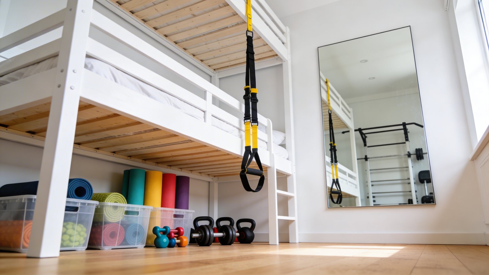 A realistic photograph of a modern white loft bed with a home gym setup underneath, featuring organized storage bins containing colorful yoga mats and dumbbells on the floor, a suspension trainer with black and yellow straps attached to the bed frame, and a large wall-mounted mirror reflecting the compact workout space, shot from a low three-quarter angle in a bright room with natural lighting and light hardwood floors