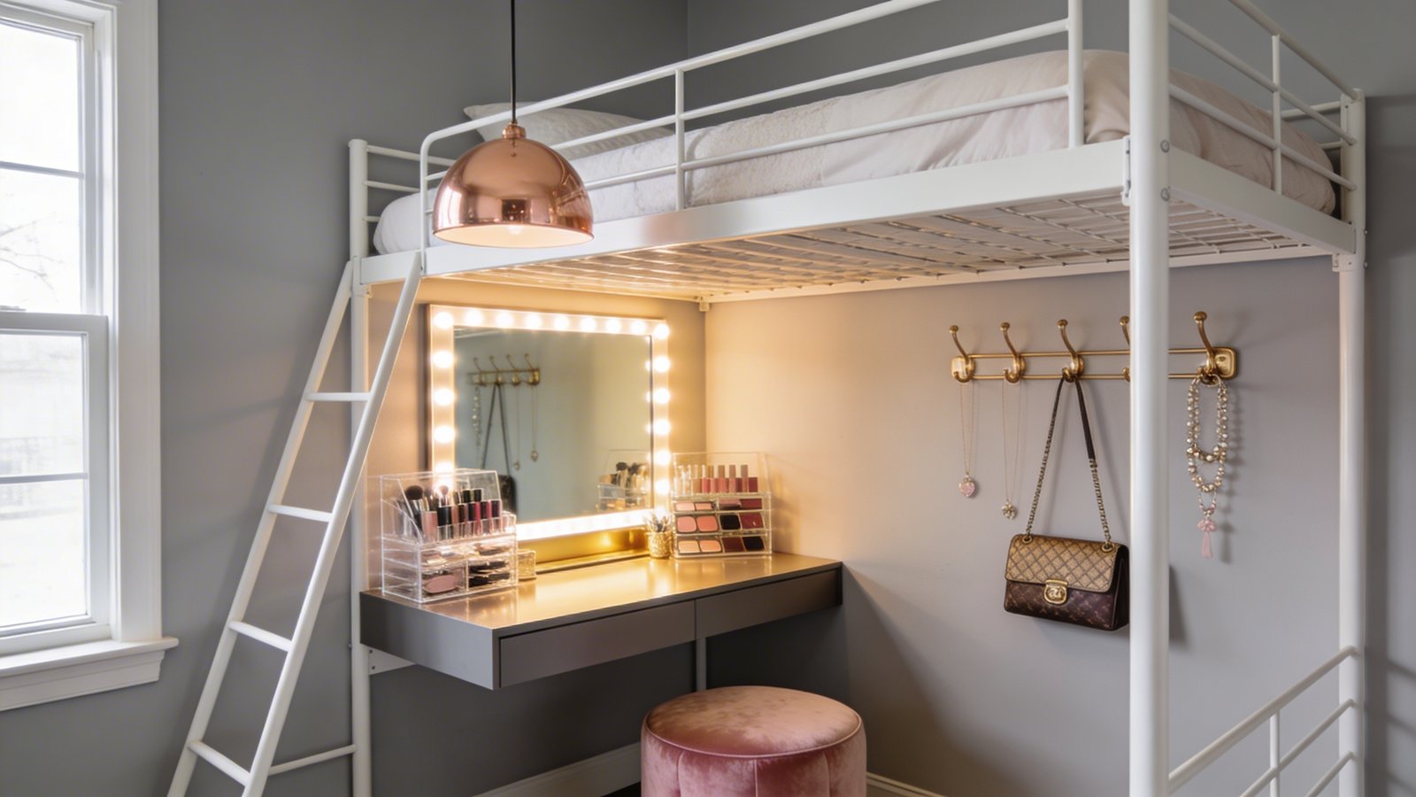 A stylish loft bed interior featuring a sophisticated vanity station positioned directly underneath a white metal loft bed frame, showcasing a sleek floating desk with a large LED-illuminated mirror mounted on the wall, warm golden lighting reflecting off organized makeup displays in clear acrylic organizers, rose gold pendant light hanging from the loft bed frame above, elegant brass hooks on the side wall holding designer handbags and delicate jewelry, plush velvet stool in blush pink, contemporary bedroom with soft gray walls, shot from a side angle showing both the elevated bed platform and the glamorous beauty station below, professional interior photography, natural window light mixing with warm artificial lighting, realistic depth of field