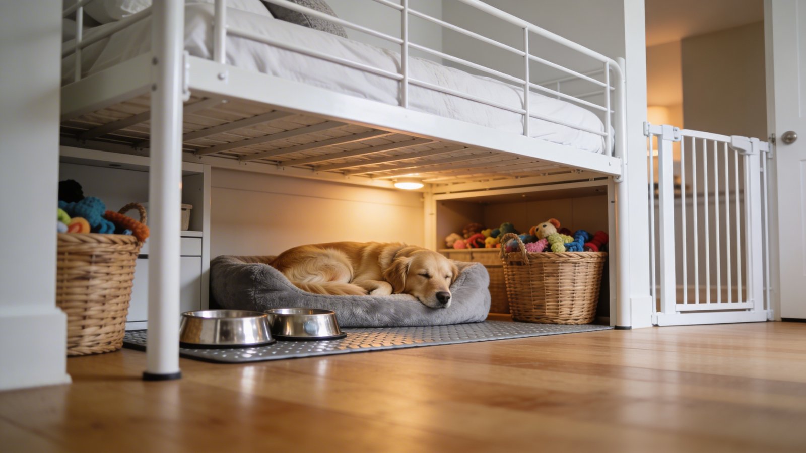 A cozy bedroom interior photograph showing a white metal loft bed elevated 6 feet high with a perfectly organized pet zone underneath, featuring a plush gray dog bed with a golden retriever curled up sleeping, stainless steel food and water bowls on a waterproof mat, wicker baskets filled with colorful dog toys, and a white baby gate securing the entrance, shot from a low front angle to emphasize the den-like cave atmosphere, warm ambient lighting, modern minimalist aesthetic with clean hardwood floors