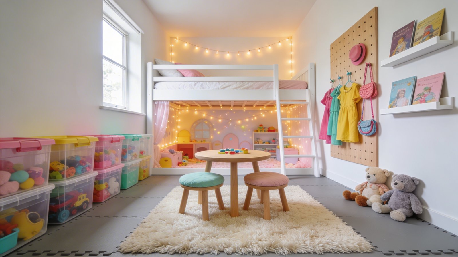 A bright, inviting children's bedroom featuring a white loft bed with a magical play area underneath, showcasing colorful clear storage bins filled with toys along one wall, a small round wooden play table with two cushioned stools in the center, soft gray foam mat flooring, whimsical warm-toned string lights draped from the loft bed frame creating a cozy glow, a few plush stuffed animals on a cream-colored shag rug, wooden pegboard mounted on the wall with colorful dress-up clothes and accessories hanging, and wall-mounted white book ledges displaying picture books, photographed from a low angle to emphasize the cozy play space beneath the elevated bed, natural daylight streaming in from a nearby window, modern Scandinavian-inspired design with pops of pastel pink, yellow, and mint green accents