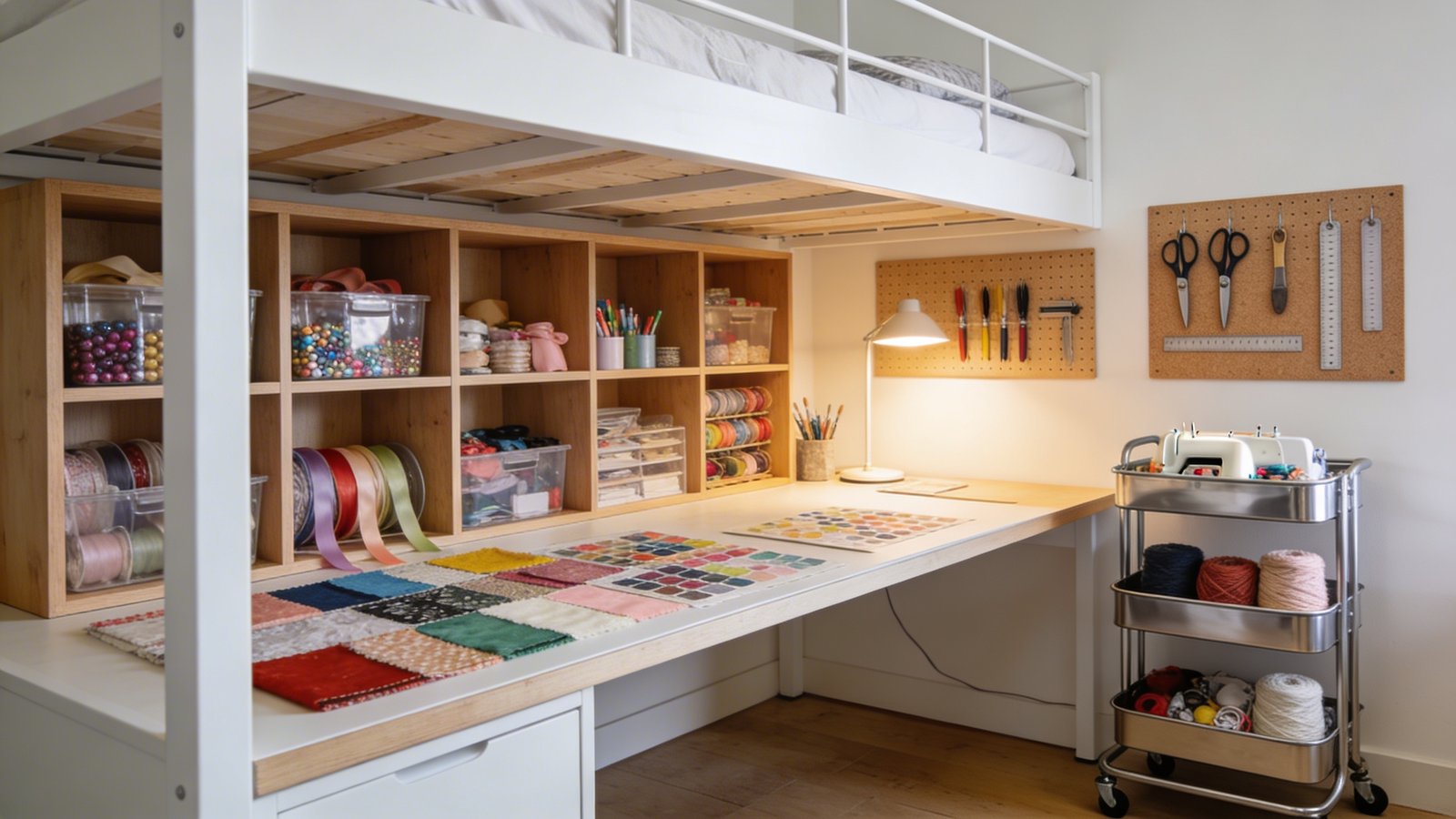 A bright, organized crafting station nestled beneath a modern white loft bed, featuring a spacious work table covered with colorful fabric swatches and art supplies, wooden storage cubbies filled with labeled clear containers holding beads, ribbons, and craft materials, cork pegboards mounted on the wall displaying hanging scissors, paintbrushes, and measuring tools, a sleek rolling cart with three tiers holding yarn and sewing supplies positioned beside the desk, and soft task lighting illuminating the creative workspace, photographed from a three-quarter angle showing both the elevated bed platform above and the functional crafting area below, warm natural lighting, interior design photography style, high resolution