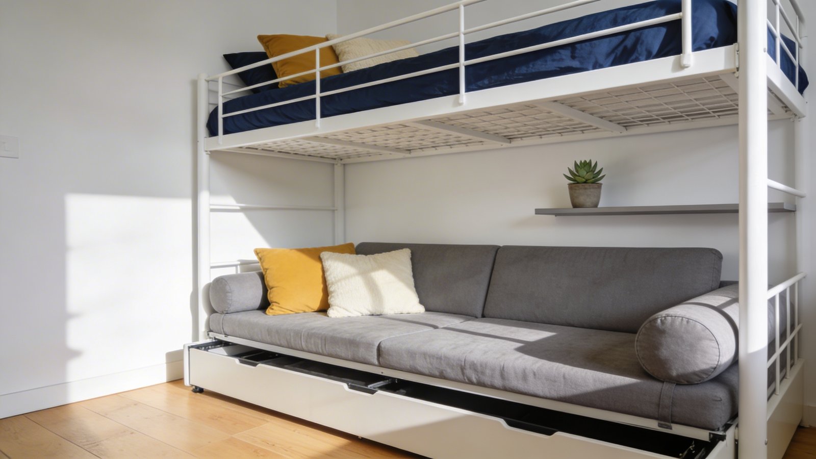 A modern guest bedroom interior photographed from a three-quarter angle showing a raised loft bed with a white metal frame and navy blue bedding, with a rolled-out trundle bed underneath featuring gray cushions positioned as a daybed-style futon, warm natural light streaming through a nearby window creating soft shadows on the light oak hardwood floors, minimalist white walls, a small potted succulent on a floating shelf, cozy throw pillows in mustard yellow and cream colors on both beds, creating an inviting dual-sleeping arrangement that maximizes vertical space in a compact room