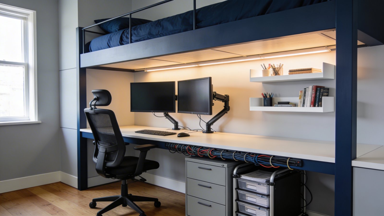 A modern bedroom with a full professional home office setup beneath a sturdy loft bed, featuring an L-shaped desk with dual computer monitors mounted on articulating arms, a sleek black ergonomic office chair, and organized cable management systems running along the desk edge, rolling filing cabinets tucked underneath, floating white shelves mounted on the wall above the workspace displaying office supplies and books, warm task lighting illuminating the desk area, light gray walls, hardwood flooring, photographed from a three-quarter angle showing both the elevated sleeping area and complete workstation below, bright natural daylight from a nearby window, contemporary minimalist design with navy blue bedding visible on the loft bed above