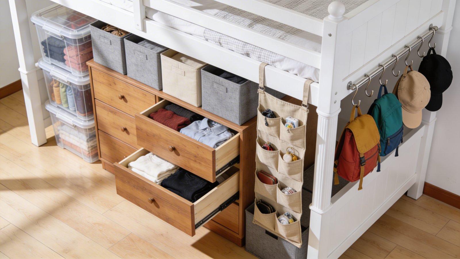 A realistic overhead angled photograph of a white loft bed with the entire underneath area transformed into an organized storage system, featuring a wooden dresser with open drawers showing neatly folded clothes, fabric storage cubes in gray and beige arranged systematically, canvas hanging organizers attached to the bed frame posts with accessories visible, clear plastic bins stacked on one side containing labeled seasonal items, and metal hooks mounted on the loft bed legs holding colorful bags and hats, all arranged on light wood flooring in a bright, well-lit bedroom with natural daylight streaming in