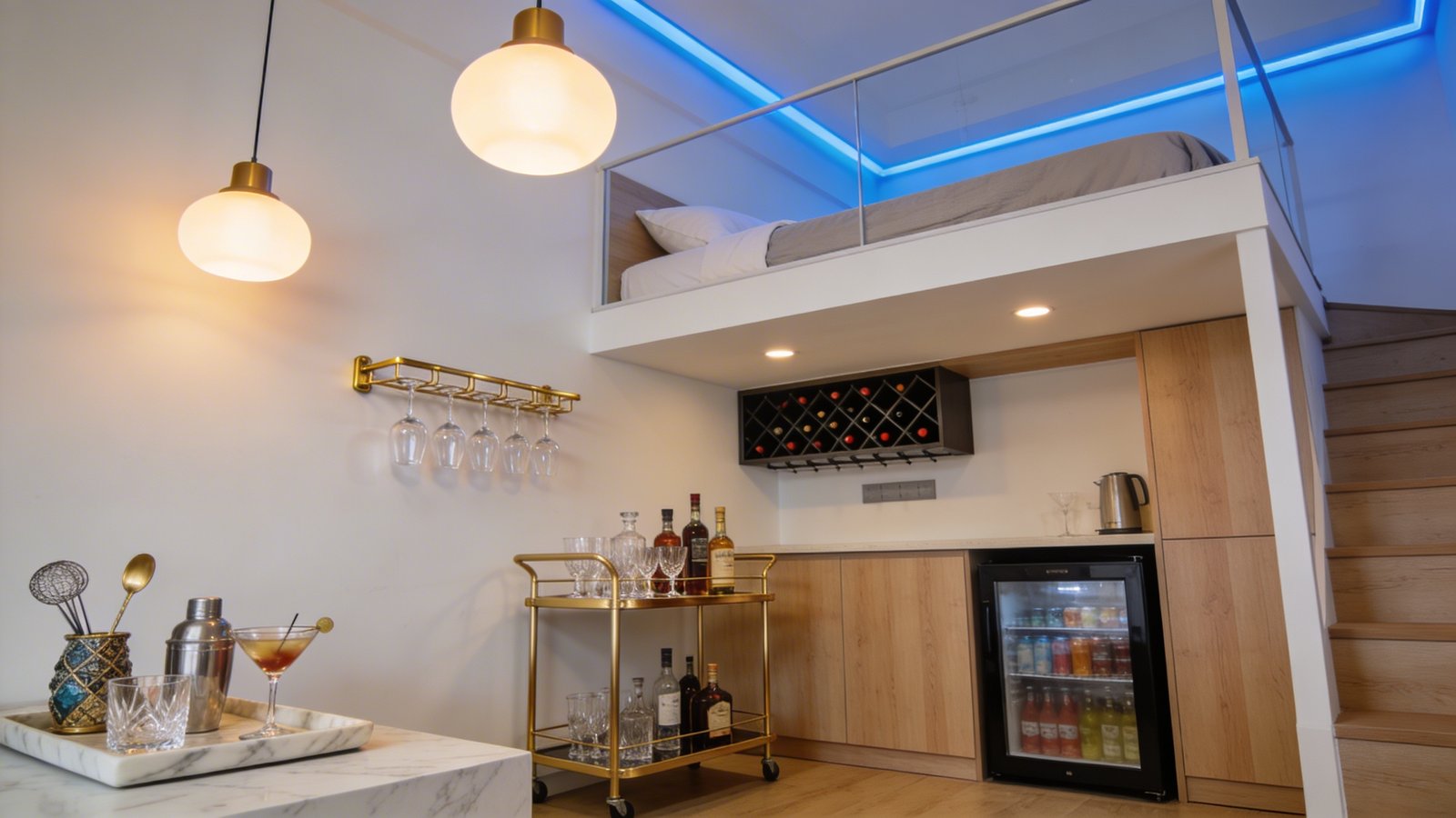 A modern studio apartment interior showcasing a sleek elevated loft bed with a sophisticated beverage station underneath, featuring a gold bar cart stocked with crystal glassware and premium spirits, a compact wine rack mounted on the wall, LED strip lighting creating an ambient blue glow along the loft bed frame, wall-mounted brass glass racks displaying stemware, a small beverage refrigerator, and decorative cocktail accessories arranged on a marble tray, shot from a low angle emphasizing the dual functionality of the space, warm pendant lighting, contemporary Scandinavian design aesthetic with white and natural wood tones