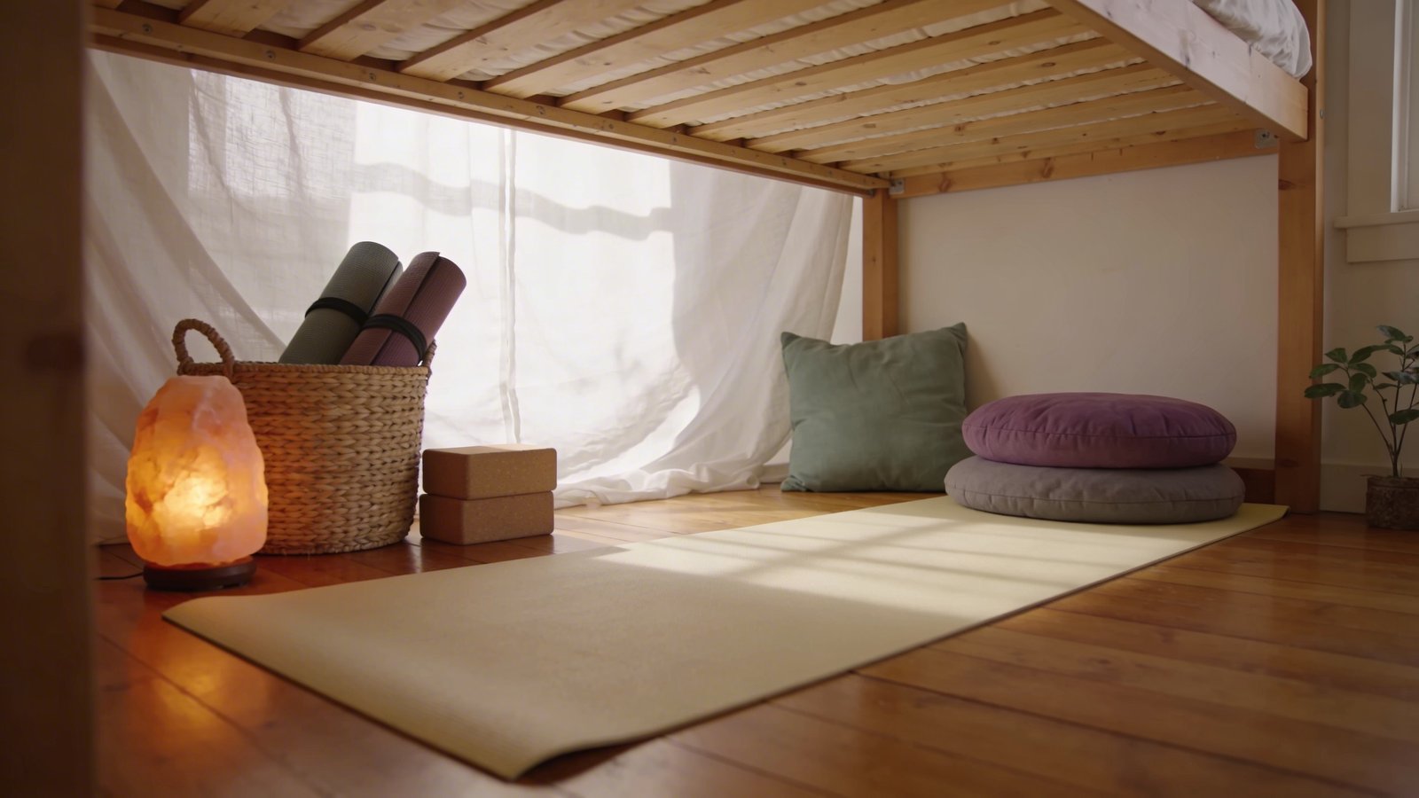 A serene meditation and yoga sanctuary beneath a raised loft bed, featuring a thick cream-colored yoga mat laid out on warm hardwood flooring, soft purple and grey meditation cushions arranged in a peaceful corner, a glowing Himalayan salt lamp casting warm amber light, a woven natural fiber basket containing rolled yoga straps and cork blocks, sheer white fabric draping from the loft bed frame creating a cocoon-like atmosphere, soft sage green accent pillows, a small indoor plant in the corner, photographed from a low side angle showing both the peaceful meditation space below and the wooden loft bed structure above, natural daylight filtering through with gentle shadows, minimalist bohemian aesthetic, professional interior photography