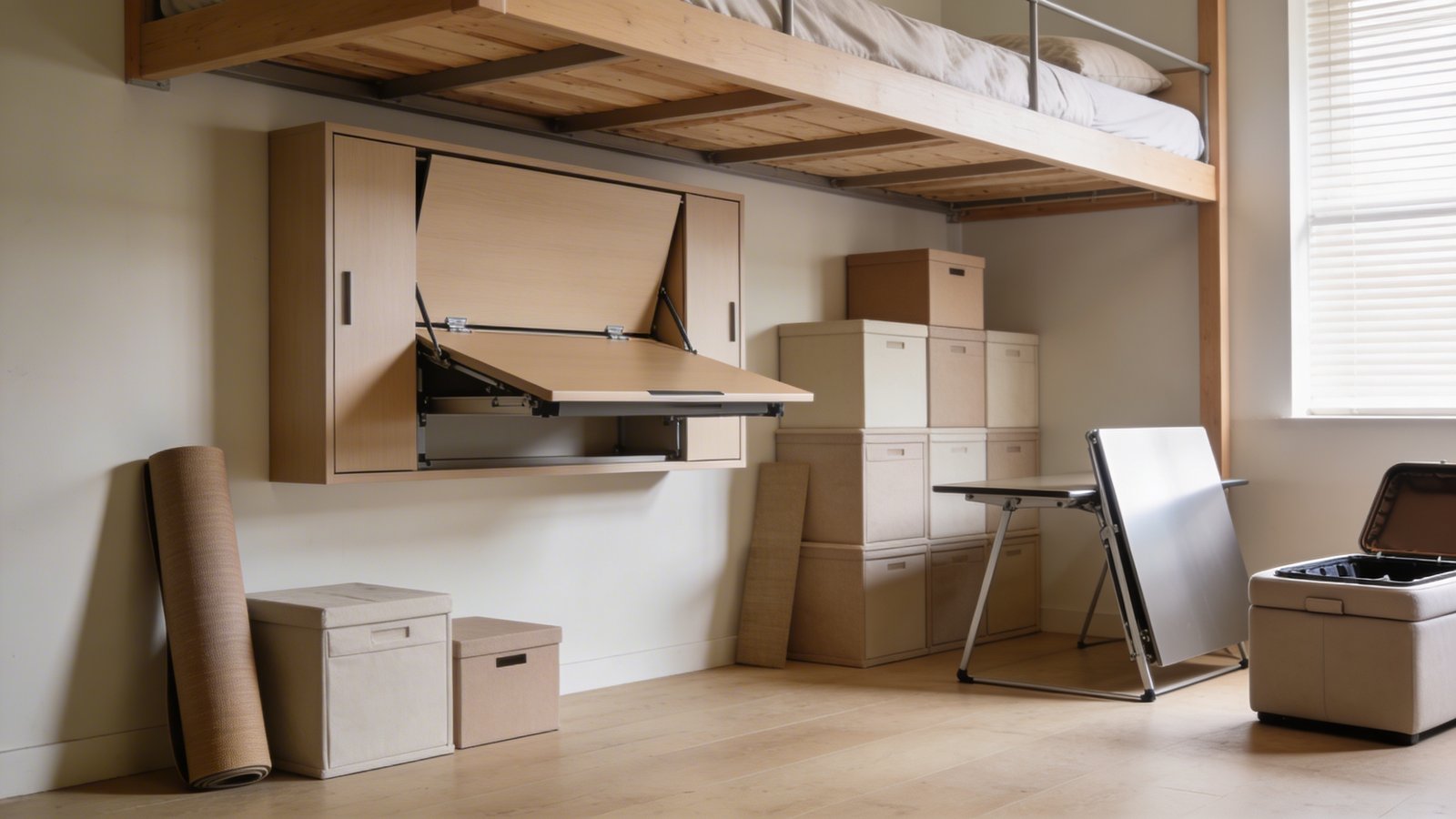 A modern bedroom interior featuring a loft bed elevated above a versatile multi-purpose space below, showcasing modular furniture including a wall-mounted Murphy desk in the folded-up position, stackable storage cubes in neutral tones scattered throughout, a rolled yoga mat leaning against the wall, a sleek folding table partially collapsed, and a storage ottoman with a removable top, all arranged in an open, adaptable layout with warm natural lighting streaming through a nearby window, shot from a low three-quarter angle emphasizing the spacious feel and transformable nature of the zone beneath the loft bed frame