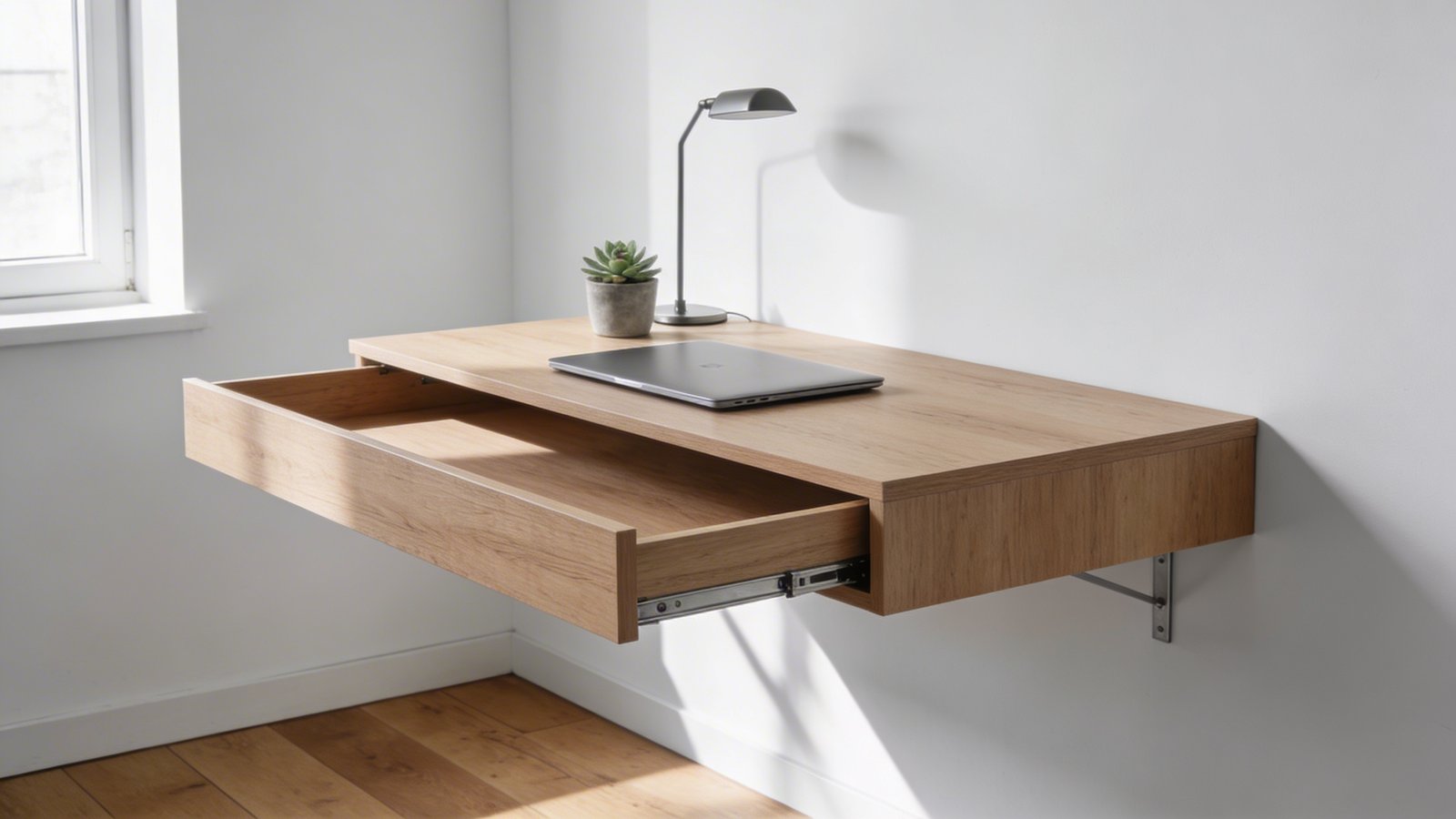 A modern minimalist floating wall-mounted desk in light oak wood attached to a white wall in a small studio apartment, shown from a three-quarter side angle with the desk in its open, functional position, featuring a sleek laptop, small potted succulent, and an adjustable desk lamp on its surface, natural sunlight streaming through a nearby window creating soft shadows, the desk's thin profile and hidden metal brackets barely visible, hardwood flooring below emphasizing the reclaimed floor space, clean Scandinavian-style interior design with subtle gray and white tones