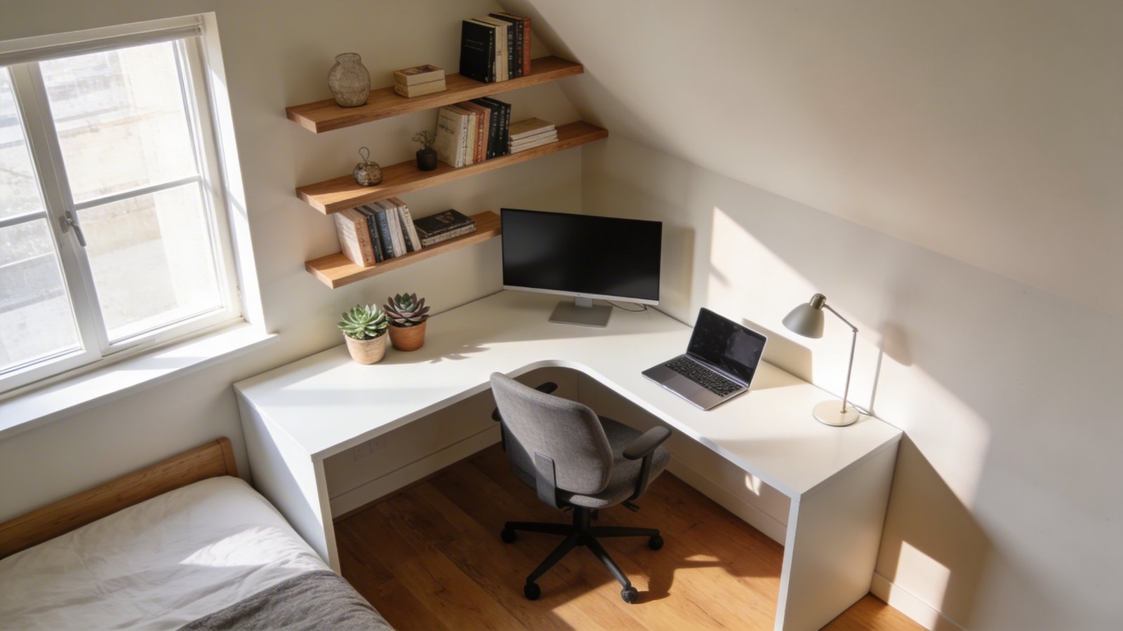 A bright, modern corner workspace featuring an L-shaped white desk perfectly fitted into the corner of a small bedroom, with a sleek monitor and laptop on one surface, potted succulents and a desk lamp on the other, floating wooden shelves climbing up the corner walls displaying books and decorative items, a comfortable gray ergonomic chair tucked under the desk, natural sunlight streaming through a nearby window creating soft shadows, hardwood flooring, and minimalist decor in warm neutral tones, photographed from a 45-degree angle to showcase both desk surfaces and the efficient use of corner space