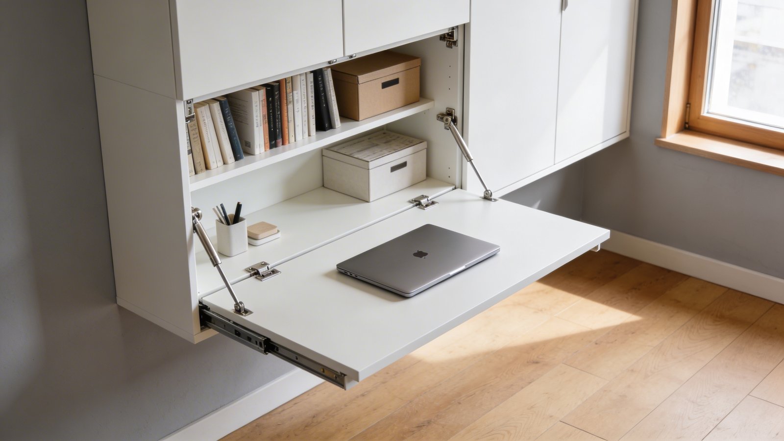 A modern white Murphy desk folded down from a wall-mounted cabinet in a contemporary small apartment, showing the desk surface in use with a sleek laptop and minimalist office supplies, built-in shelving visible inside the cabinet portion displaying organized books and storage boxes, warm natural lighting from a nearby window, shot from a three-quarter angle to showcase both the functional workspace and the clever fold-down mechanism with metallic hinges, Scandinavian-style interior with light wooden floors and soft gray walls