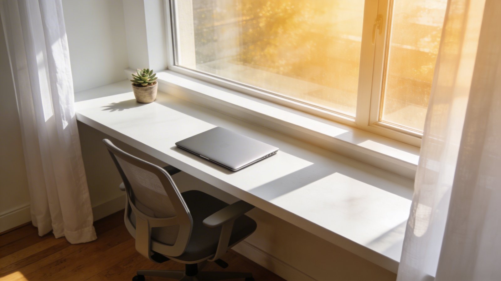 A bright, minimalist workspace featuring a custom white countertop desk installed across a wide window sill, with a sleek laptop and small potted succulent positioned on the surface, golden morning sunlight streaming through the window creating soft shadows, sheer white curtains partially drawn to the sides, a modern ergonomic chair tucked underneath, hardwood flooring visible below, shot from a side angle showing both the depth of the workspace and the natural light flooding in, professional interior photography style with warm, airy atmosphere