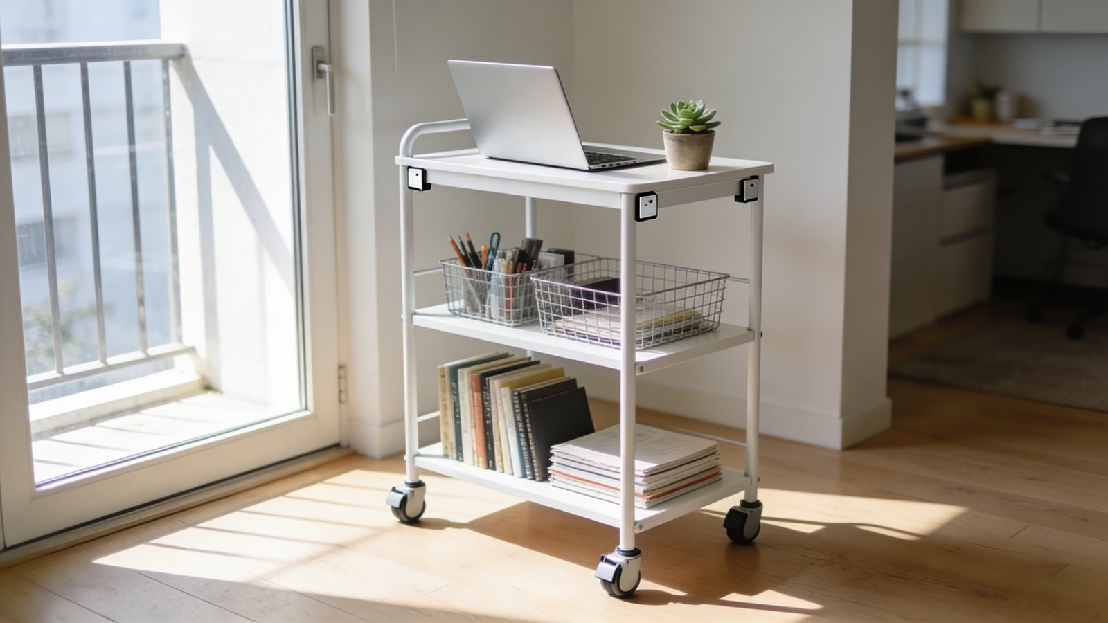 A modern minimalist rolling cart desk with three tiers positioned near a bright balcony door with sunlight streaming in, featuring a sleek white metal frame with locking caster wheels, the top shelf holds an open laptop and small potted succulent, middle shelf contains organized office supplies in wire baskets, bottom shelf has neatly stacked books and notebooks, the cart is angled on a light hardwood floor showing its mobility, soft natural lighting creates gentle shadows, contemporary small apartment interior visible in the blurred background, shot from a 45-degree side angle at desk height, photorealistic style