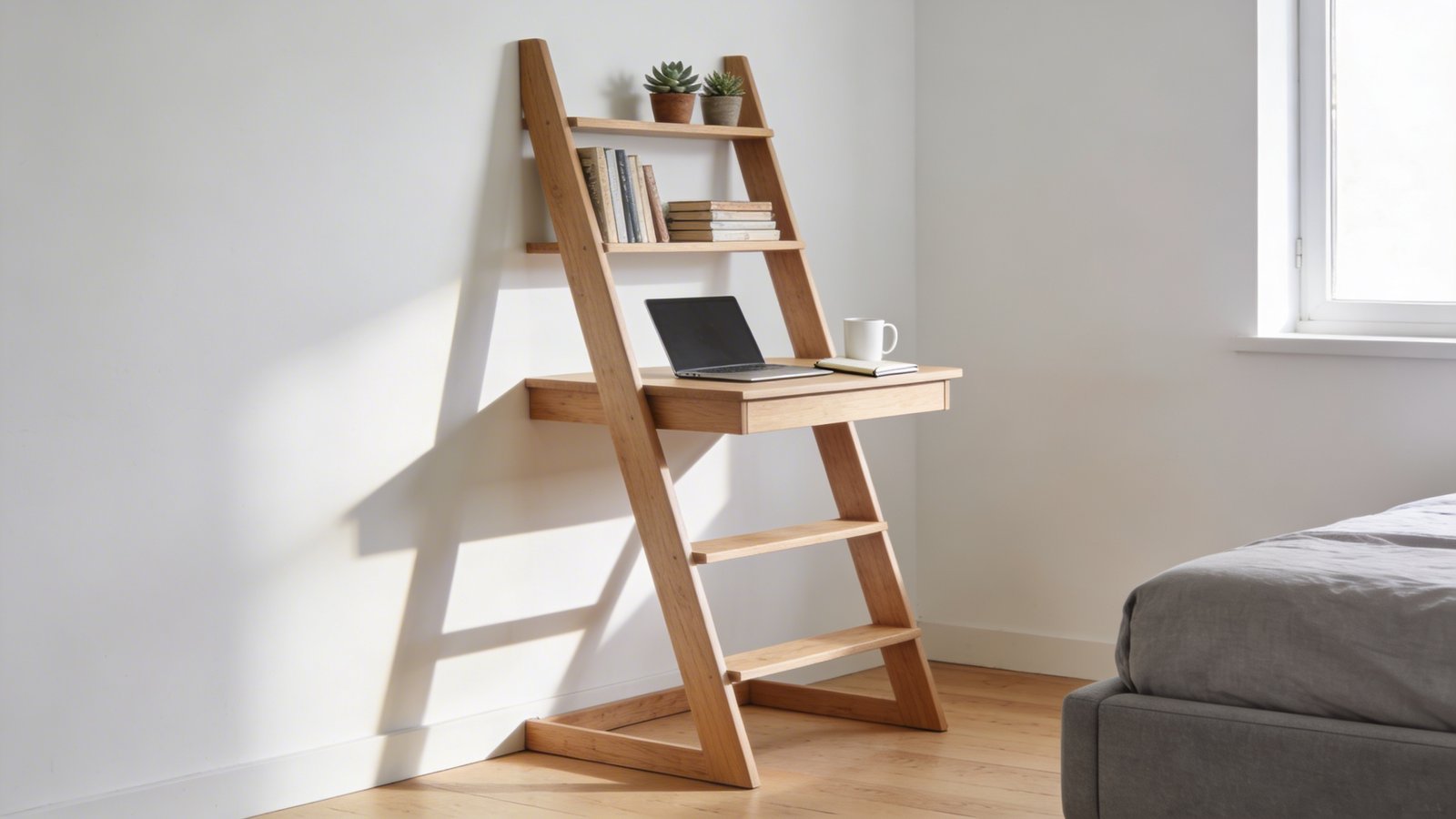 A modern ladder desk in light oak wood leaning against a white bedroom wall at an angle, with a minimalist laptop on the middle tier workspace, small potted succulents and stacked books on the upper shelves, a white ceramic mug and notebook on the desk surface, warm natural sunlight streaming from a nearby window creating soft shadows, the desk's base positioned just inches from the wall showing the space-saving angled design, cozy bedroom setting with a corner of a gray upholstered bed visible, light hardwood flooring, shot from a three-quarter side angle to emphasize the lean and vertical storage tiers