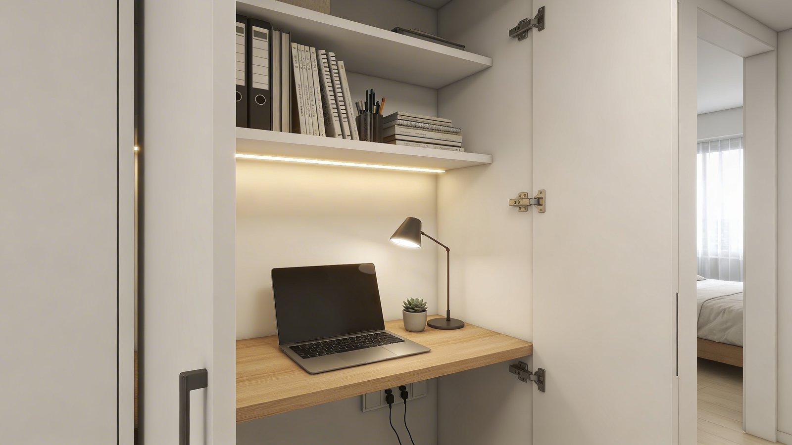 A realistic photograph of a converted bedroom closet transformed into a compact home office workspace, featuring a light wood desktop mounted at desk height with a modern laptop and small desk lamp, white shelving units above holding organized books and office supplies, warm LED strip lighting illuminating the interior, the closet doors partially open to reveal the functional workspace inside, shot from a slight angle showing depth into the closet, bright and airy atmosphere with clean white walls, a small potted succulent on the desk, cable management clips visible along the side wall, natural daylight coming from the room behind, contemporary minimalist aesthetic in soft neutral tones of white, beige and light oak