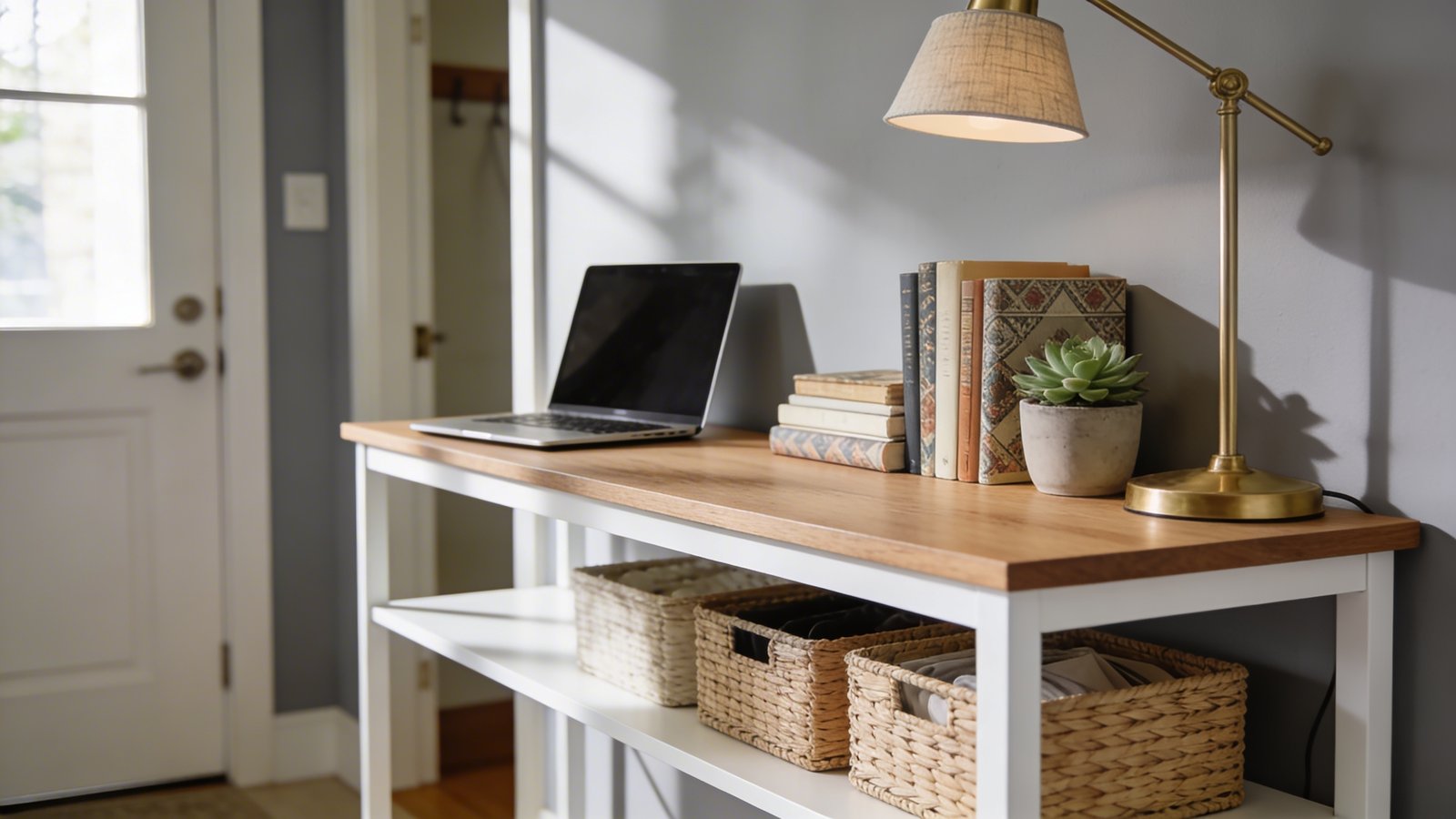 A realistic, high-quality photograph of a sleek narrow console table functioning as a minimalist desk in a well-lit entryway, shot from a 45-degree angle, featuring a slim white or natural wood console table approximately 10-12 inches deep against a soft gray wall, with an open laptop, a brass or gold desk lamp with a fabric shade, several decorative books stacked artfully, a small potted succulent, and visible lower shelf storage with organized woven baskets, warm natural lighting streaming from a nearby window creating soft shadows, modern Scandinavian interior design aesthetic, shallow depth of field focusing on the desk surface, professional interior photography style