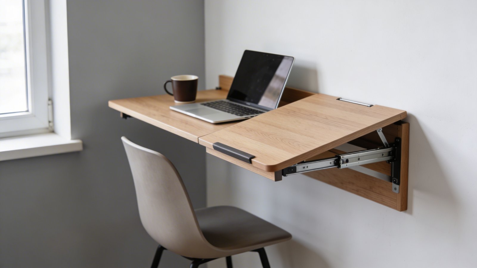 A modern minimalist foldable wall-mounted desk in the down position being used in a small apartment room, showing a sleek wooden drop-leaf table attached to a white wall at ergonomic height with a laptop and coffee cup on its surface, photographed from a side angle to emphasize the space-saving profile, soft natural lighting from a nearby window, contemporary Scandinavian-style interior with light oak finish on the desk, neutral gray walls, and a simple modern chair tucked underneath, shallow depth of field focusing on the desk mechanism and functional workspace