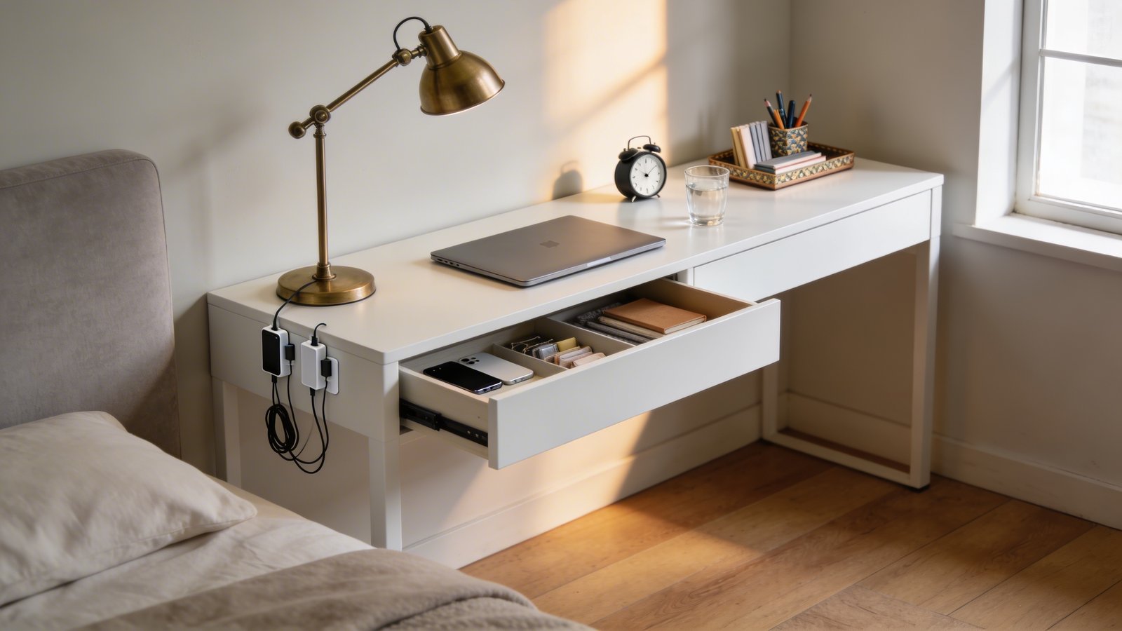 A modern narrow bedside table desk combo in a cozy bedroom corner, featuring a sleek white table with one open drawer containing organized items, an adjustable brass task lamp with articulated arm positioned over the surface, a minimalist laptop on one side of the table, a glass of water and small alarm clock on the other side, discreet cable management clips attached to the table edge with phone charging cables neatly organized, a small decorative tray holding pens and notebooks, soft morning light streaming through a nearby window, plush bed partially visible in the frame, warm wood flooring, contemporary bedroom setting with neutral tones of beige and soft gray, photographed from a three-quarter angle showing both the desk functionality and nightstand purpose, realistic interior photography style with shallow depth of field