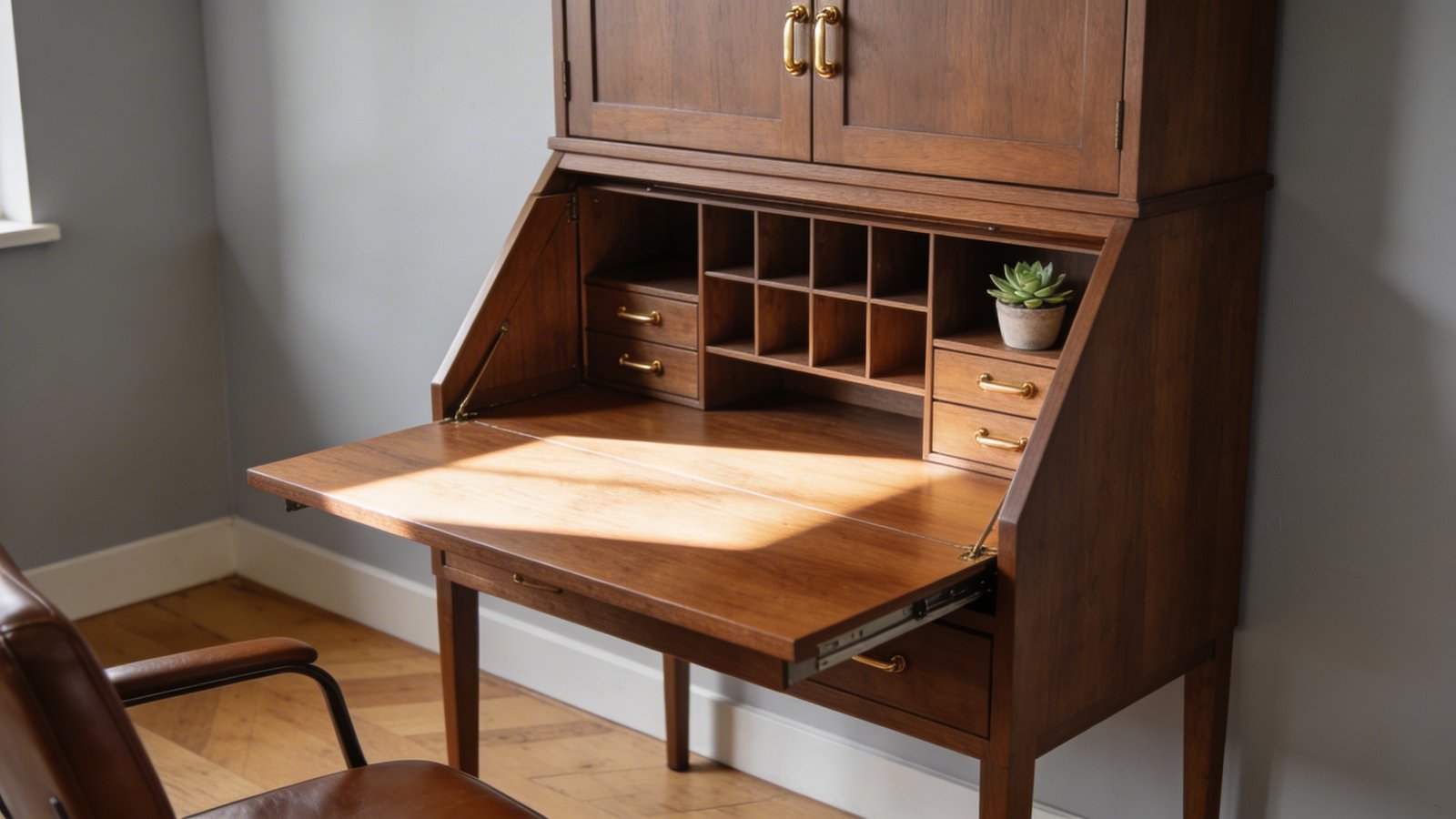 A sophisticated secretary desk in warm walnut wood with its front panel dropped down to reveal an organized workspace, featuring multiple small cubbies and brass-handled drawers inside, positioned against a light gray wall in a cozy apartment corner with afternoon sunlight streaming across the writing surface, shot from a three-quarter angle to showcase both the open workspace and the elegant cabinet structure above, with a leather desk chair partially visible and a small potted succulent on one of the interior shelves, photographed in a modern minimalist interior with hardwood flooring