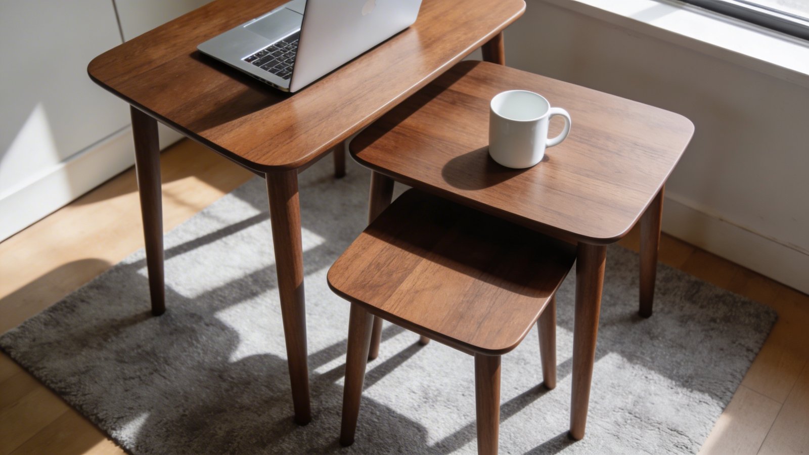 A realistic overhead angled photograph of three modern nesting tables in warm walnut wood finish, shown partially separated on a light gray area rug in a compact apartment setting, with the largest table holding an open silver laptop, the medium-sized table displaying a white ceramic coffee mug, and the smallest table tucked partially underneath, all featuring sleek tapered legs and clean minimalist design, natural daylight streaming from a nearby window creating soft shadows, demonstrating the space-saving stacking functionality with the tables at varying heights
