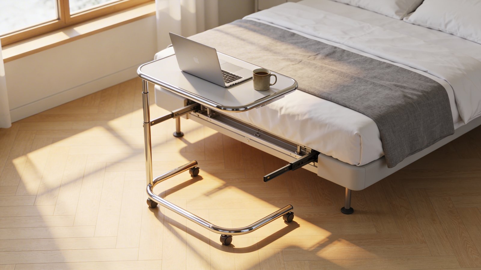A modern overhead angle photograph of a sleek over-bed table with a C-shaped wheeled base sliding under a neatly made bed with white and gray bedding, the adjustable tabletop surface hovering above the mattress holding an open laptop and a coffee mug, warm morning sunlight streaming through a nearby window creating soft shadows, the table's chrome frame gleaming against the minimalist bedroom setting with pale wooden floors visible beneath the casters