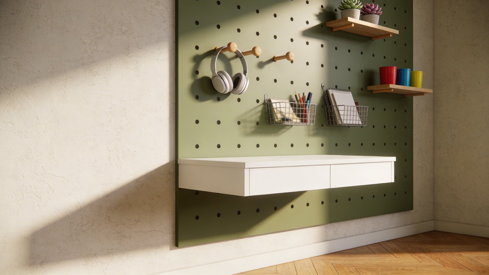 A modern home office setup featuring a small minimalist white floating desk mounted below a large sage green painted pegboard wall panel, with various organizational accessories including wooden pegs holding wireless headphones, small metal baskets containing office supplies, floating mini shelves with succulents, and colorful storage cups, shot from a slight side angle showing the seamless integration of the desk surface and vertical storage wall, natural afternoon light streaming from the left creating soft shadows on the pegboard's textured surface, contemporary apartment setting with hardwood flooring visible below