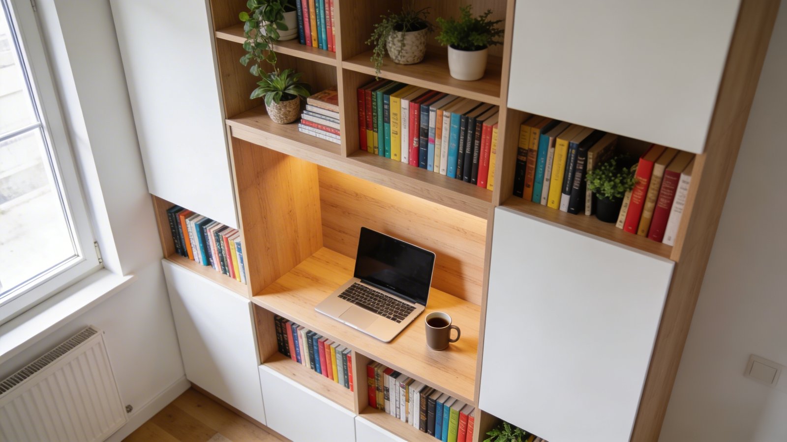 A modern bookshelf desk integration unit in a well-lit small apartment, featuring a light oak wooden shelving system with a built-in workspace at mid-height, surrounded by colorful books and decorative plants on the shelves above and below, shot from a 45-degree angle showing the functional desk surface with a laptop and coffee mug, warm natural lighting streaming from a nearby window, minimalist Scandinavian design aesthetic with white walls in the background, realistic home office photography style